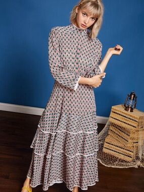 Sister Jane Backrush Prairie Midi Dress Lace Trim Tiered Pink Green Small